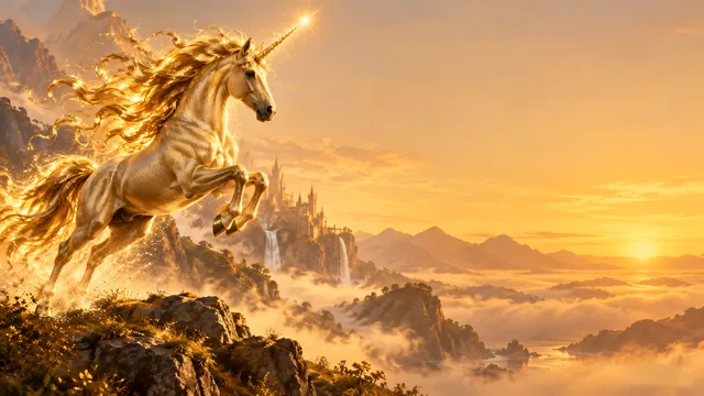 4K wallpaper of 16:9 widescreen artistic Windows desktop wallpaper, a majestic golden unicorn leaping on the left side with a flowing mane of liquid gold and a brilliant shining horn, soft golden…