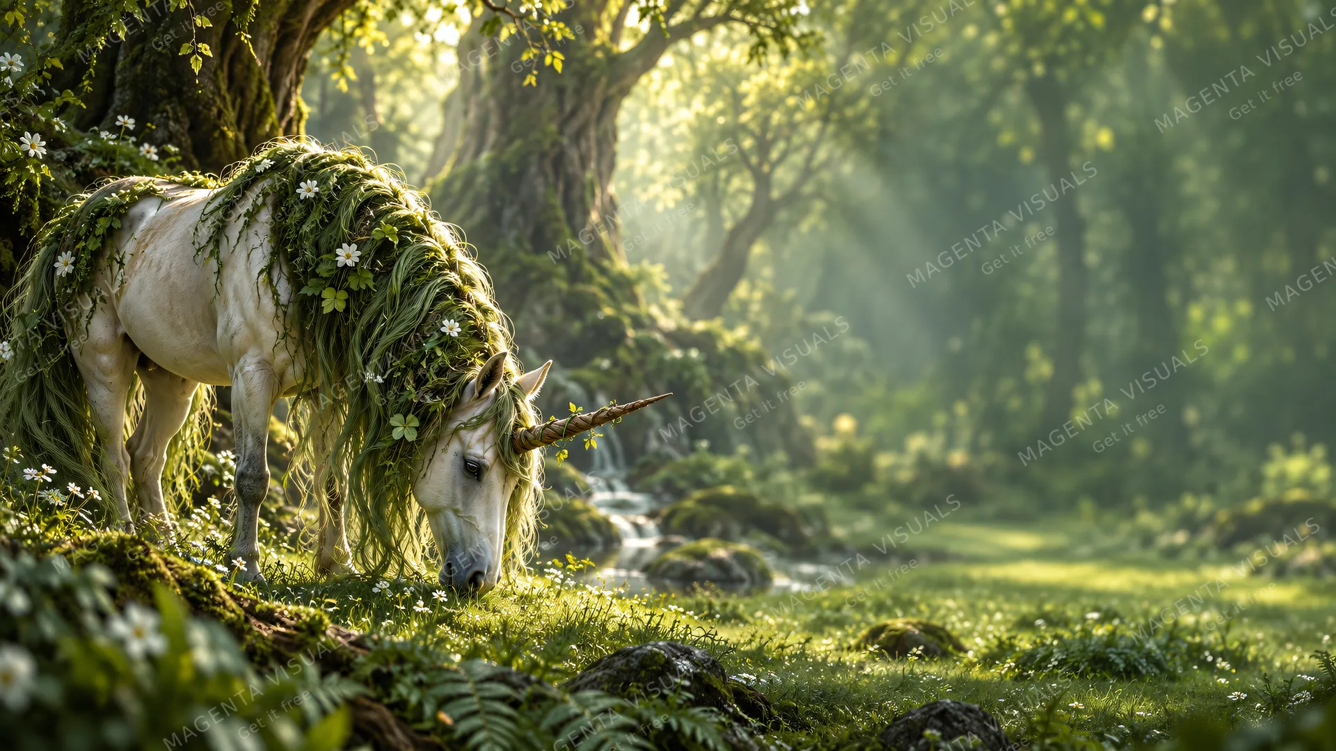 4K wallpaper of 16:9 widescreen artistic Windows desktop wallpaper, a majestic forest unicorn grazing gracefully on the left side with a flowing mane of mossy green and a twisted wooden horn, sof…