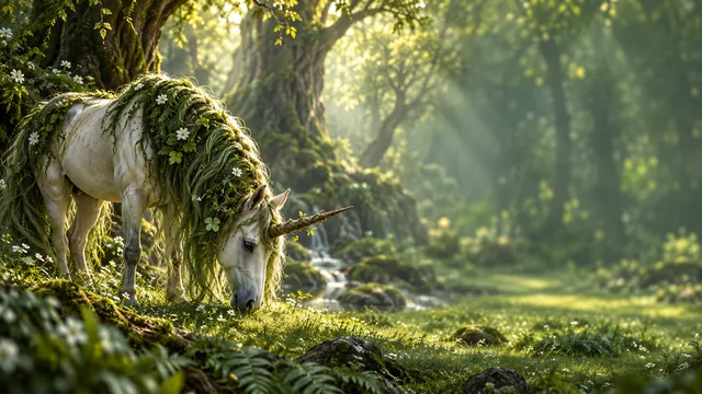 4K wallpaper of 16:9 widescreen artistic Windows desktop wallpaper, a majestic forest unicorn grazing gracefully on the left side with a flowing mane of mossy green and a twisted wooden horn, sof…