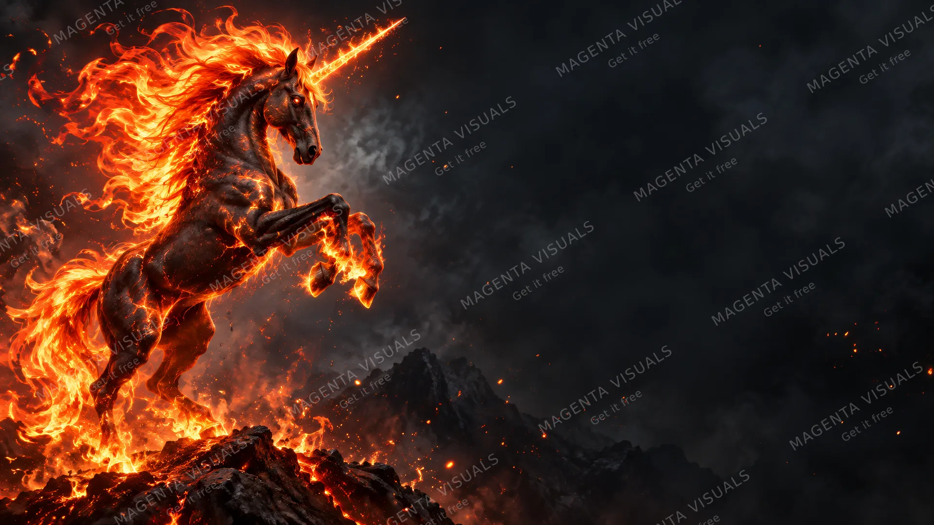4K wallpaper of 16:9 widescreen artistic desktop wallpaper, a blazing fire unicorn rearing up on the left side with a mane of vivid orange and red flames and a molten glowing horn, soft smoky dar…