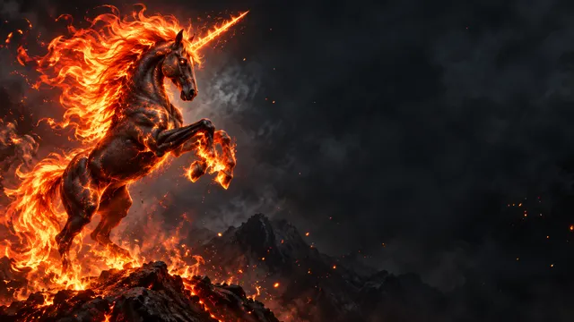 4K wallpaper of 16:9 widescreen artistic desktop wallpaper, a blazing fire unicorn rearing up on the left side with a mane of vivid orange and red flames and a molten glowing horn, soft smoky dar…