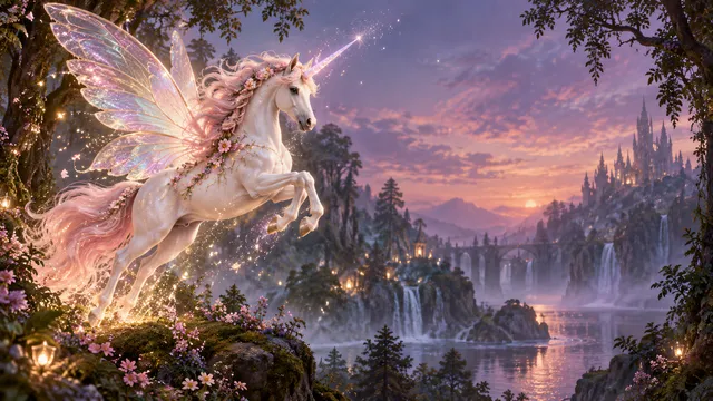 4K wallpaper of 16:9 widescreen desktop wallpaper, a delicate fairy unicorn gracefully leaping on the left side with iridescent gossamer wings, pastel pink mane, and a softly glowing translucent…