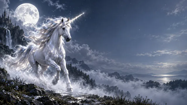 4K wallpaper of 16:9 widescreen artistic Windows desktop wallpaper, a luminous moon unicorn mid-gallop on the left side with a flowing silver mane and a glowing celestial horn, soft moonlit fog a…