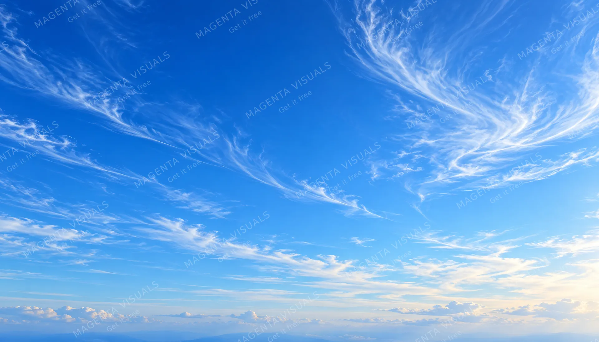 4K 16:9 widescreen background, desktop wallpaper or UI backdrop, vast open blue sky with delicate wispy cirrus streaks, airy atmospheric depth, bright natural gradient, wide negative…