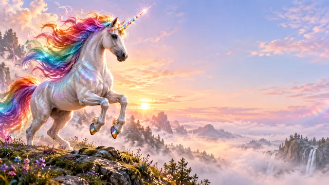 4K wallpaper of 16:9 widescreen artistic Windows desktop wallpaper, a vibrant rainbow unicorn mid-prance on the left side with a flowing multicolored mane and a sparkling prismatic horn, soft iri…