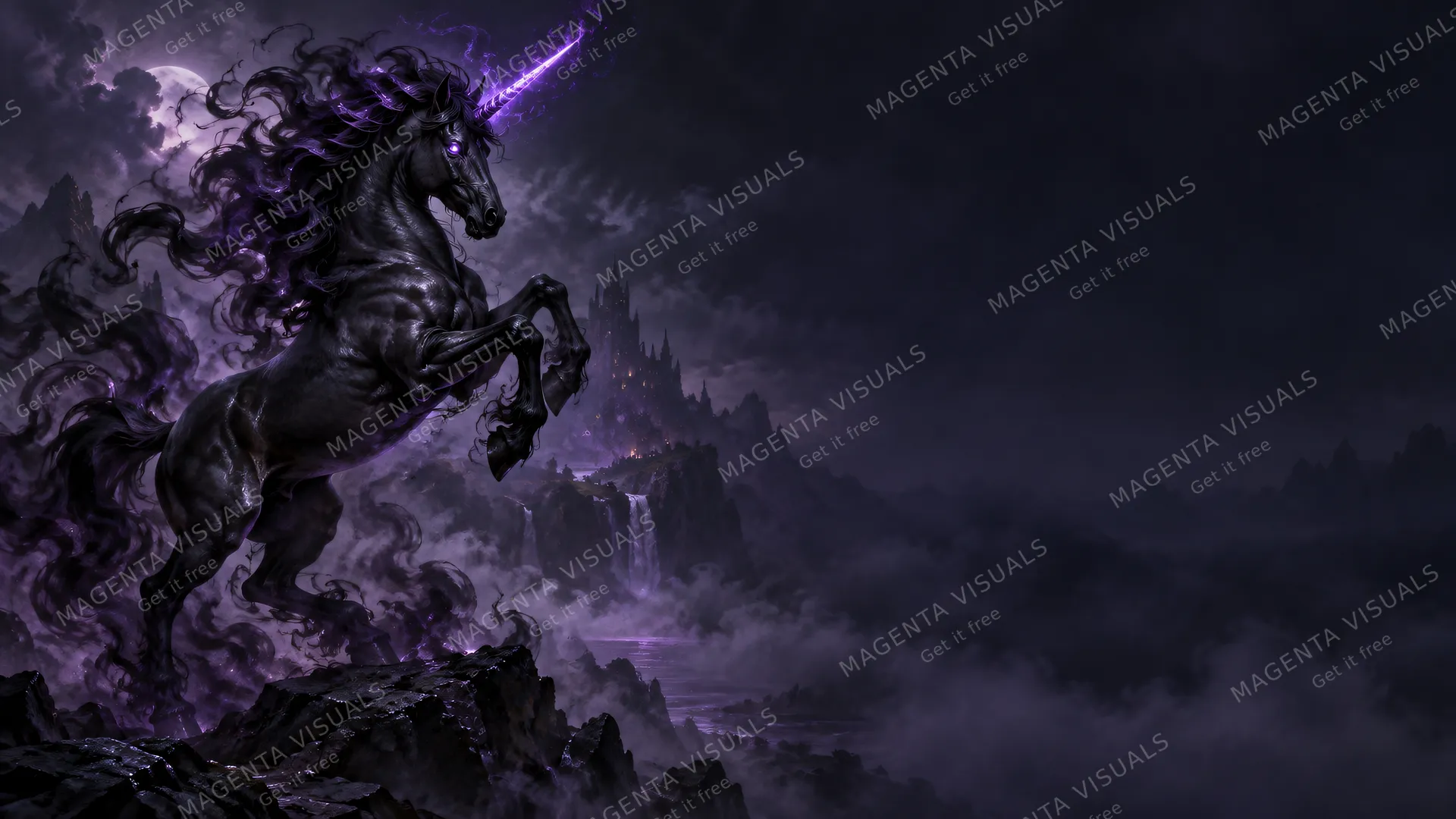 4K wallpaper of 16:9 widescreen artistic Windows desktop wallpaper, a fierce shadow unicorn rearing on the left side with an obsidian coat, swirling dark smoke for a mane, and a glowing violet ho…