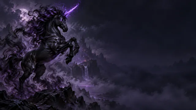 4K wallpaper of 16:9 widescreen artistic Windows desktop wallpaper, a fierce shadow unicorn rearing on the left side with an obsidian coat, swirling dark smoke for a mane, and a glowing violet ho…