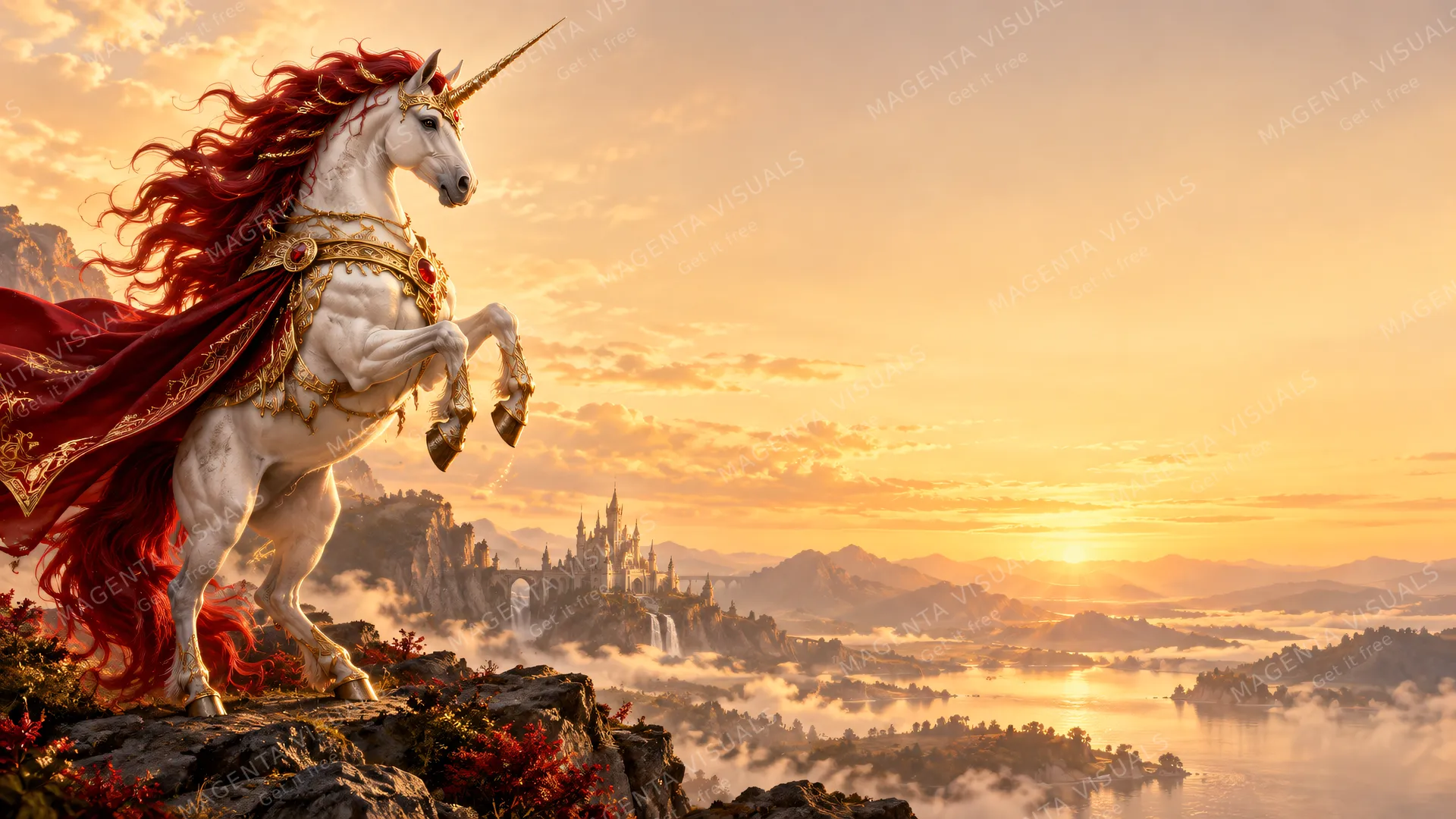 4K wallpaper of 16:9 widescreen artistic Windows desktop wallpaper, a majestic royal unicorn rearing gracefully on the left side adorned with gleaming gold filigree armor and a flowing crimson ma…