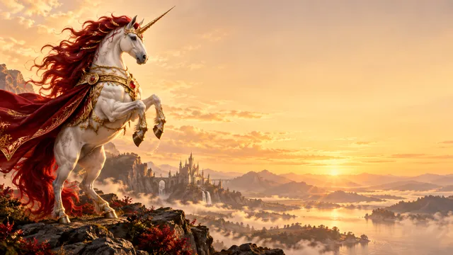 4K wallpaper of 16:9 widescreen artistic Windows desktop wallpaper, a majestic royal unicorn rearing gracefully on the left side adorned with gleaming gold filigree armor and a flowing crimson ma…