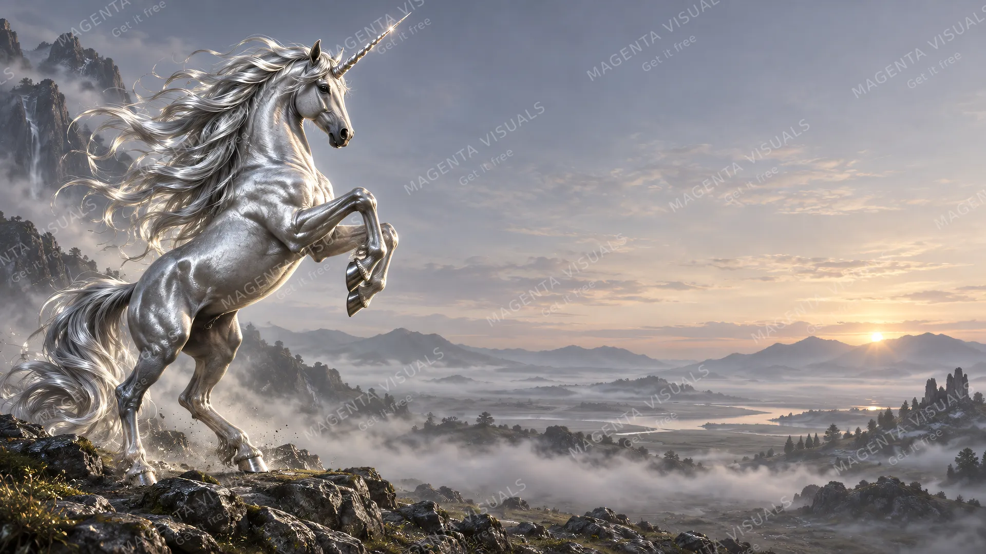 4K wallpaper of 16:9 widescreen desktop wallpaper, an elegant silver unicorn rearing dramatically on the left side with a flowing metallic mane and a polished gleaming horn, smooth calm misty gra…