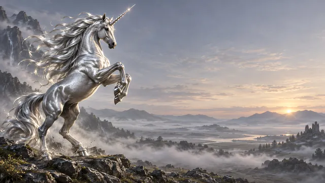 4K wallpaper of 16:9 widescreen desktop wallpaper, an elegant silver unicorn rearing dramatically on the left side with a flowing metallic mane and a polished gleaming horn, smooth calm misty gra…