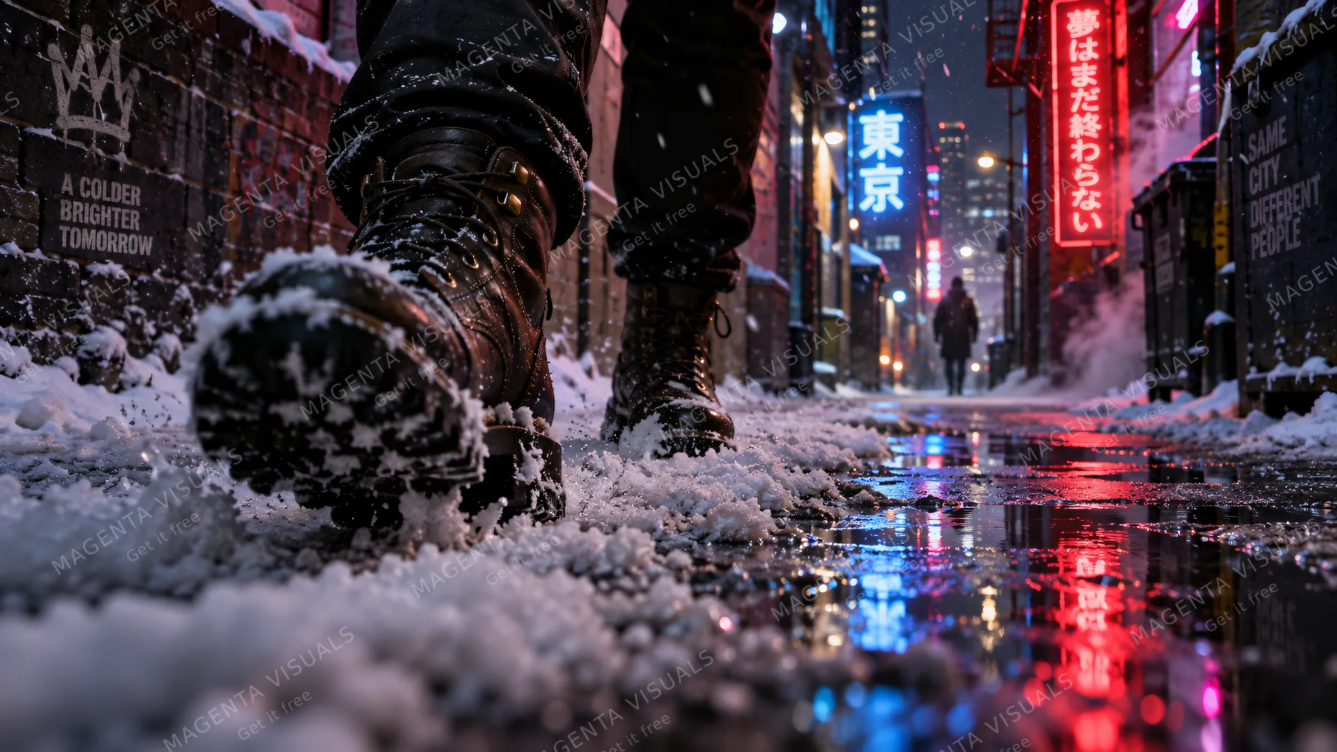 4K 16:9 widescreen low-angle tracking camera perspective at ground level, heavy rugged winter leather boots crunching into freshly fallen powdered snow along an urban alleyway at nig…