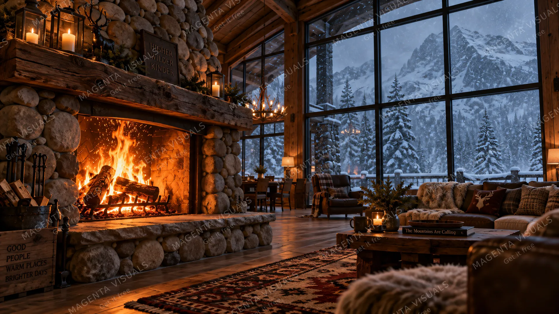 4K 16:9 wide interior cinema composition of a massive riverstone hearth in an alpine timber lodge, crackling cedar logs glowing with roaring orange flames and dancing embers, contras…