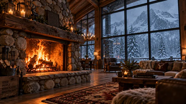 4K 16:9 wide interior cinema composition of a massive riverstone hearth in an alpine timber lodge, crackling cedar logs glowing with roaring orange flames and dancing embers, contras…