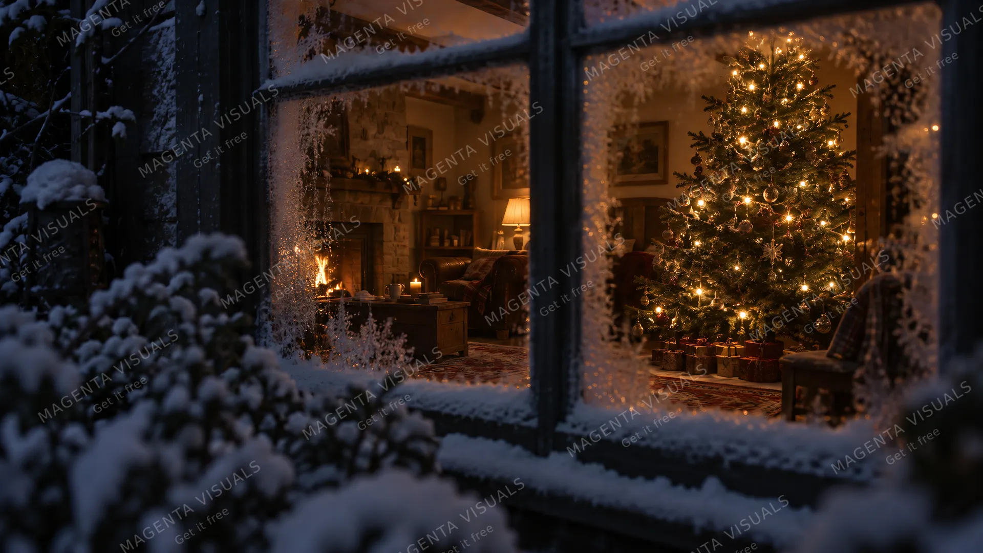 4K 16:9 exterior voyeuristic cinema shot looking from a dark freezing snow-covered garden through a frosted windowpane into a warm rustic living room, where an authentic full-sized e…