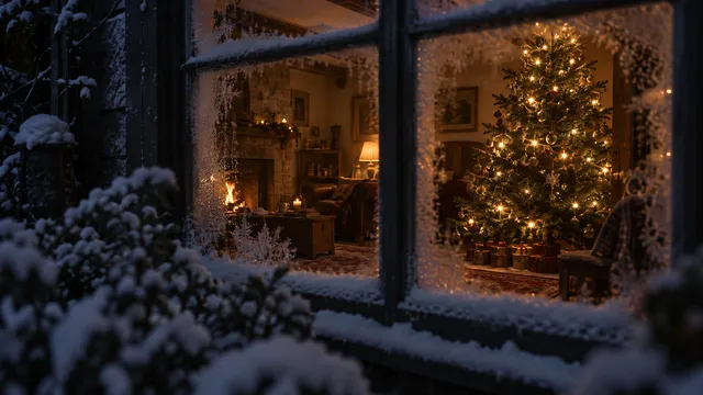 4K 16:9 exterior voyeuristic cinema shot looking from a dark freezing snow-covered garden through a frosted windowpane into a warm rustic living room, where an authentic full-sized e…