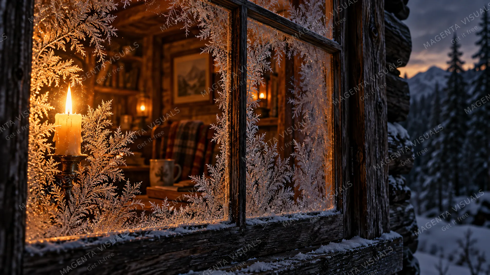 4K 16:9 widescreen cinematic close-up through an antique timber cabin windowpane coated in delicate fern-like frost crystals, warm amber candlelight glowing softly from the wooden in…