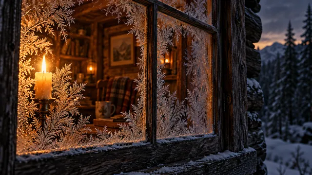 4K 16:9 widescreen cinematic close-up through an antique timber cabin windowpane coated in delicate fern-like frost crystals, warm amber candlelight glowing softly from the wooden in…