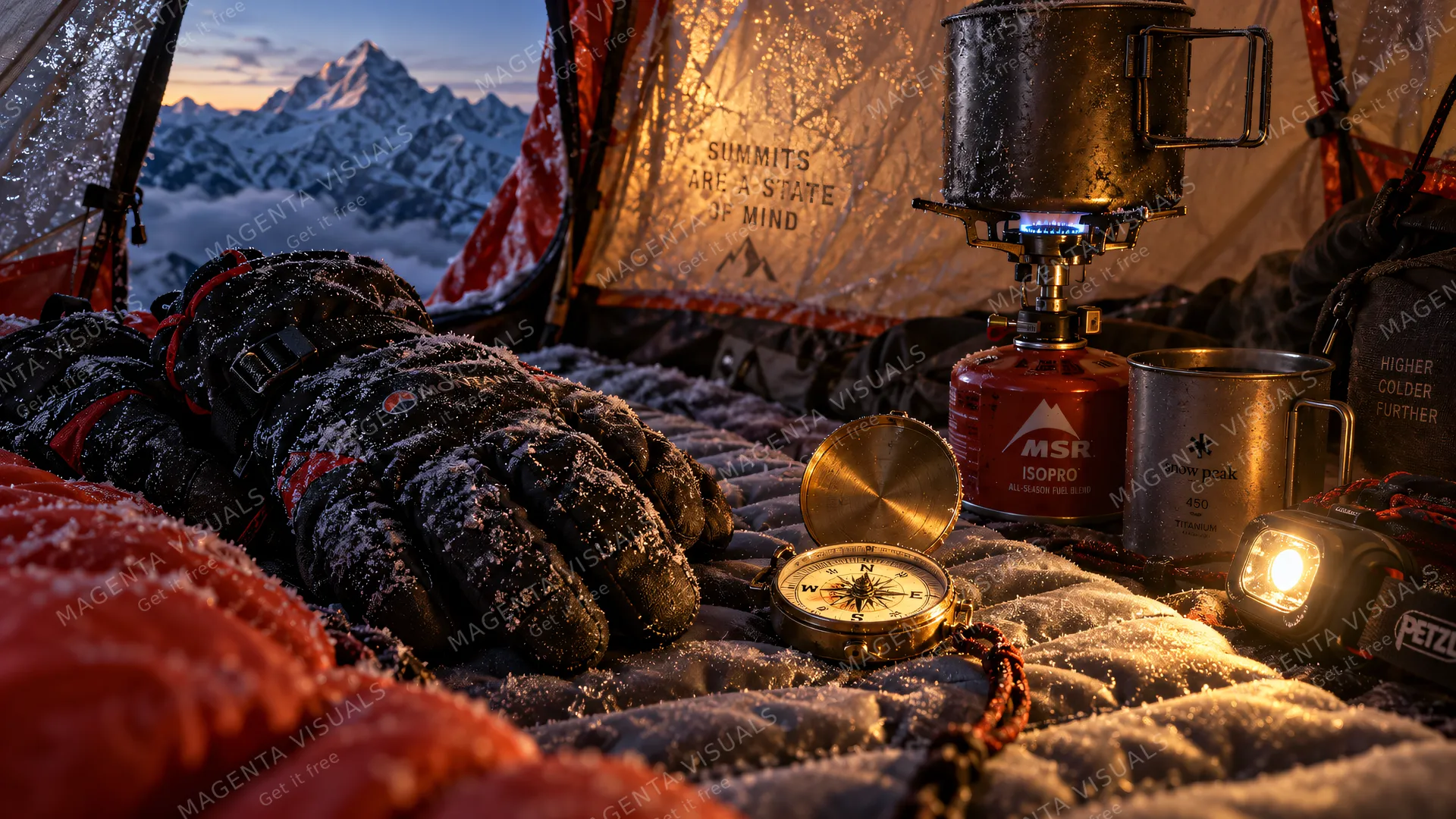 4K 16:9 widescreen intimate interior cinema shot inside a high-altitude expedition mountaineering tent, heavy thermal mountaineering gloves laid out on a frosted sleeping pad next to…