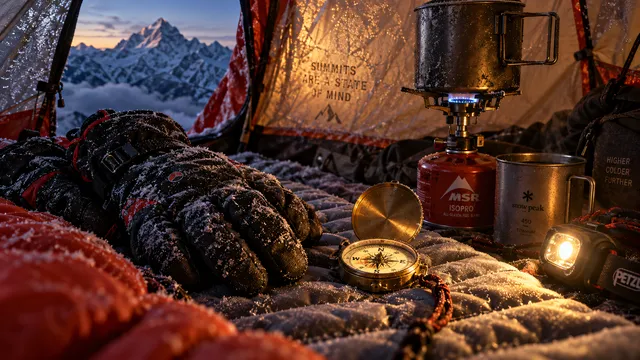4K 16:9 widescreen intimate interior cinema shot inside a high-altitude expedition mountaineering tent, heavy thermal mountaineering gloves laid out on a frosted sleeping pad next to…