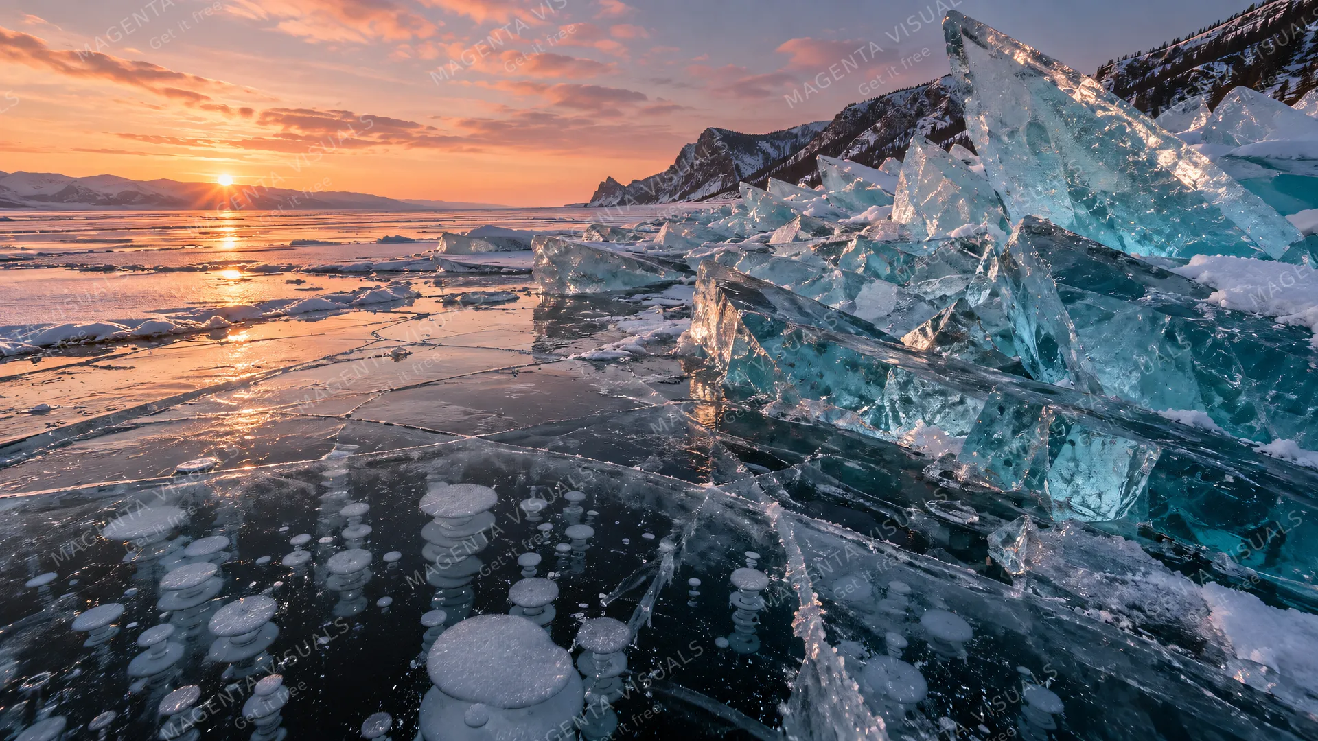 4K 16:9 sweeping low-angle panoramic landscape at dawn over an expansive frozen lake, dramatic pressure ridges of shattered translucent turquoise ice plates thrust upward along the s…