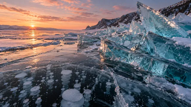 4K 16:9 sweeping low-angle panoramic landscape at dawn over an expansive frozen lake, dramatic pressure ridges of shattered translucent turquoise ice plates thrust upward along the s…