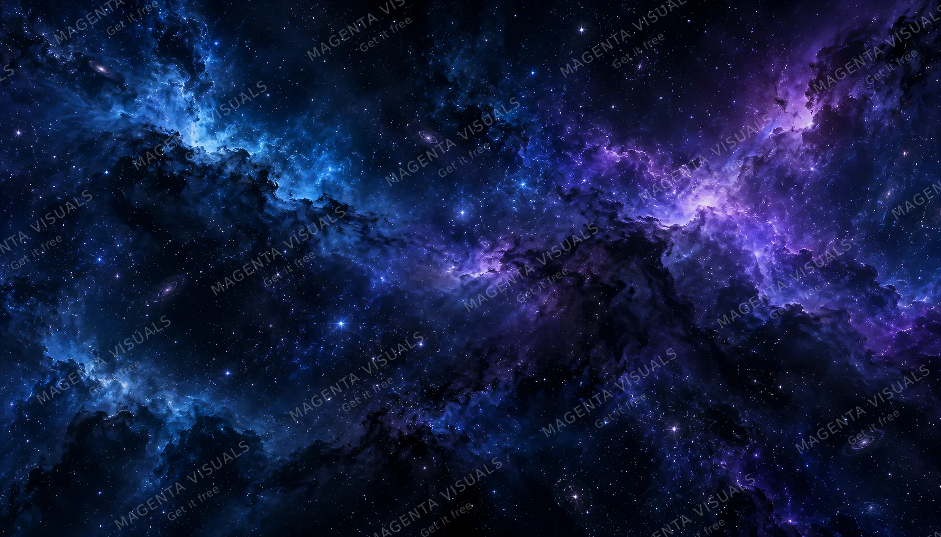 4K 16:9 widescreen background, desktop wallpaper or UI backdrop, deep cosmos, ethereal nebula dust clouds in deep blues and violets, distant faint starfield, vast atmospheric cosmic…