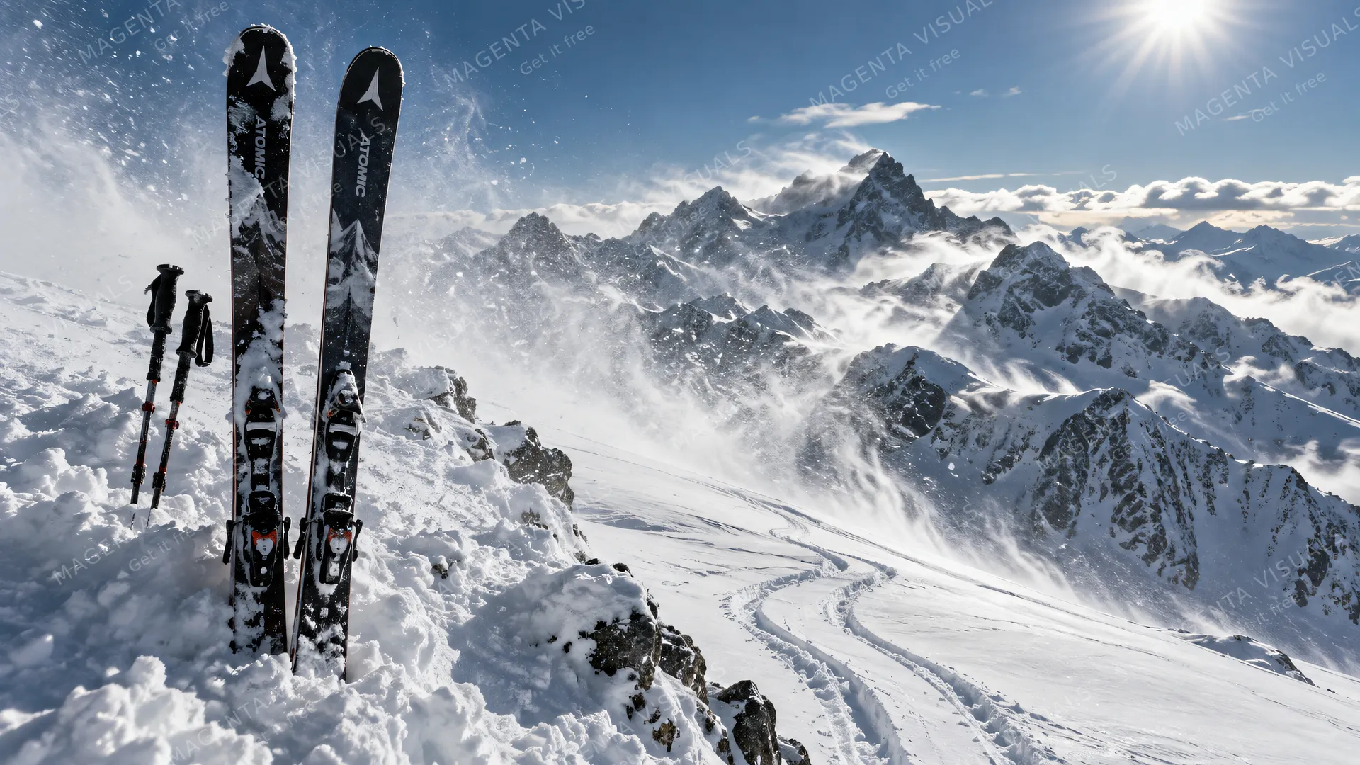 4K 16:9 widescreen high-key telephoto isolation shot on a windswept mountain summit under harsh alpine sun, a pair of rugged backcountry touring skis propped vertically in deep snowb…