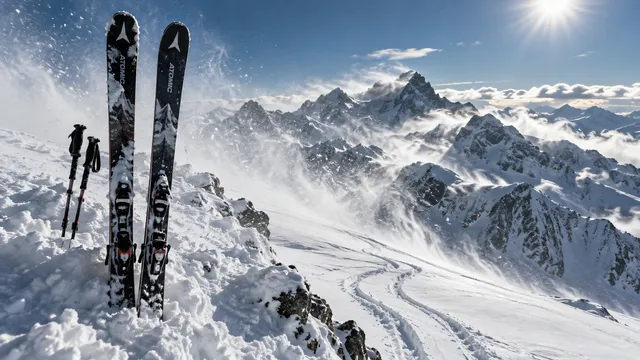 4K 16:9 widescreen high-key telephoto isolation shot on a windswept mountain summit under harsh alpine sun, a pair of rugged backcountry touring skis propped vertically in deep snowb…