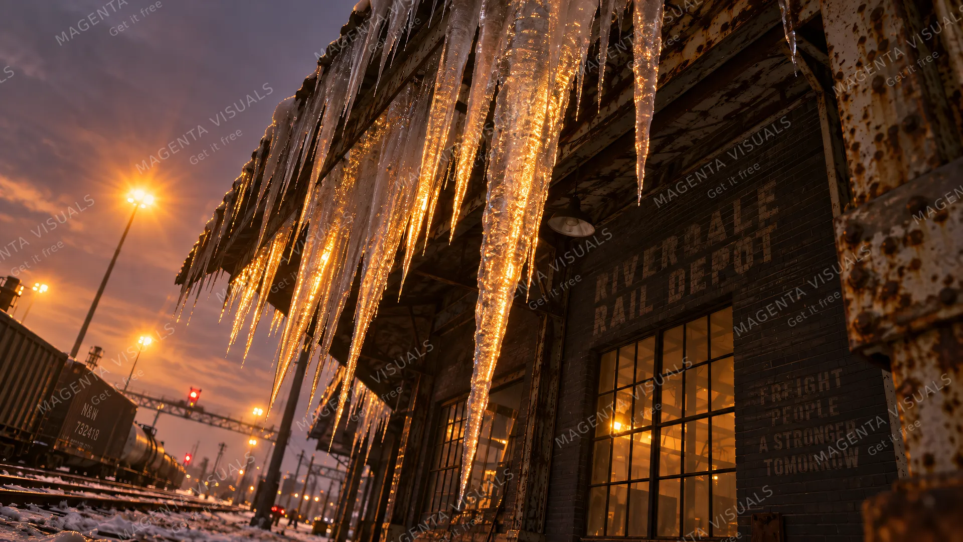 4K 16:9 Dutch-angle medium telephoto shot looking up at a jagged curtain of massive dagger icicles hanging from the rusted steel eaves of an old rail depot at dusk, illuminated from…