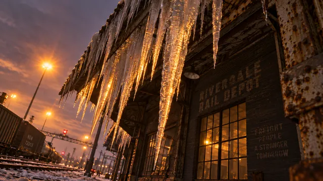 4K 16:9 Dutch-angle medium telephoto shot looking up at a jagged curtain of massive dagger icicles hanging from the rusted steel eaves of an old rail depot at dusk, illuminated from…