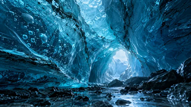 4K 16:9 widescreen dramatic low-angle shot inside a natural glacial ice cavern, deep sapphire and turquoise refracted ambient light glowing through translucent compressed ice walls,…