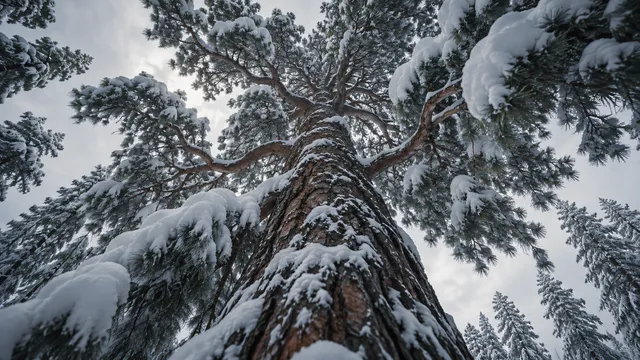 4K 16:9 dramatic vertical-looking low-angle anamorphic cine shot looking straight up into the towering crown of an ancient boreal pine tree, heavy blankets of powder snow bending the…
