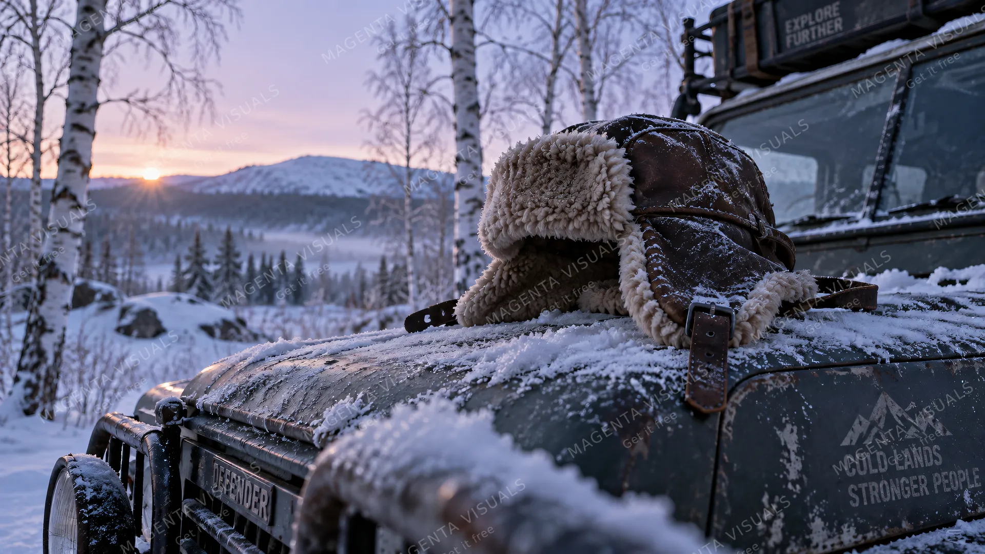 4K 16:9 widescreen low-angle cinematic telephoto shot, a weathered shearling leather winter trapper hat resting on the snow-caked hood of an old expedition 4x4 vehicle parked in a fr…