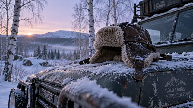 4K 16:9 widescreen low-angle cinematic telephoto shot, a weathered shearling leather winter trapper hat resting on the snow-caked hood of an old expedition 4x4 vehicle parked in a fr…