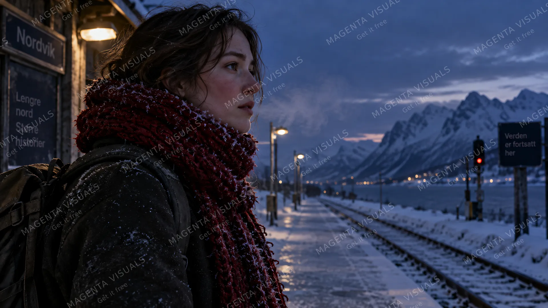 4K 16:9 widescreen cinematic medium close-up profile of a lone traveler at a remote northern train platform during blue hour, wearing a thick hand-knit crimson wool scarf encrusted w…