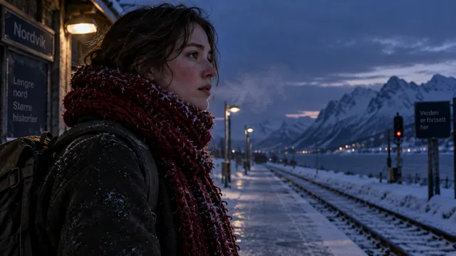 4K 16:9 widescreen cinematic medium close-up profile of a lone traveler at a remote northern train platform during blue hour, wearing a thick hand-knit crimson wool scarf encrusted w…