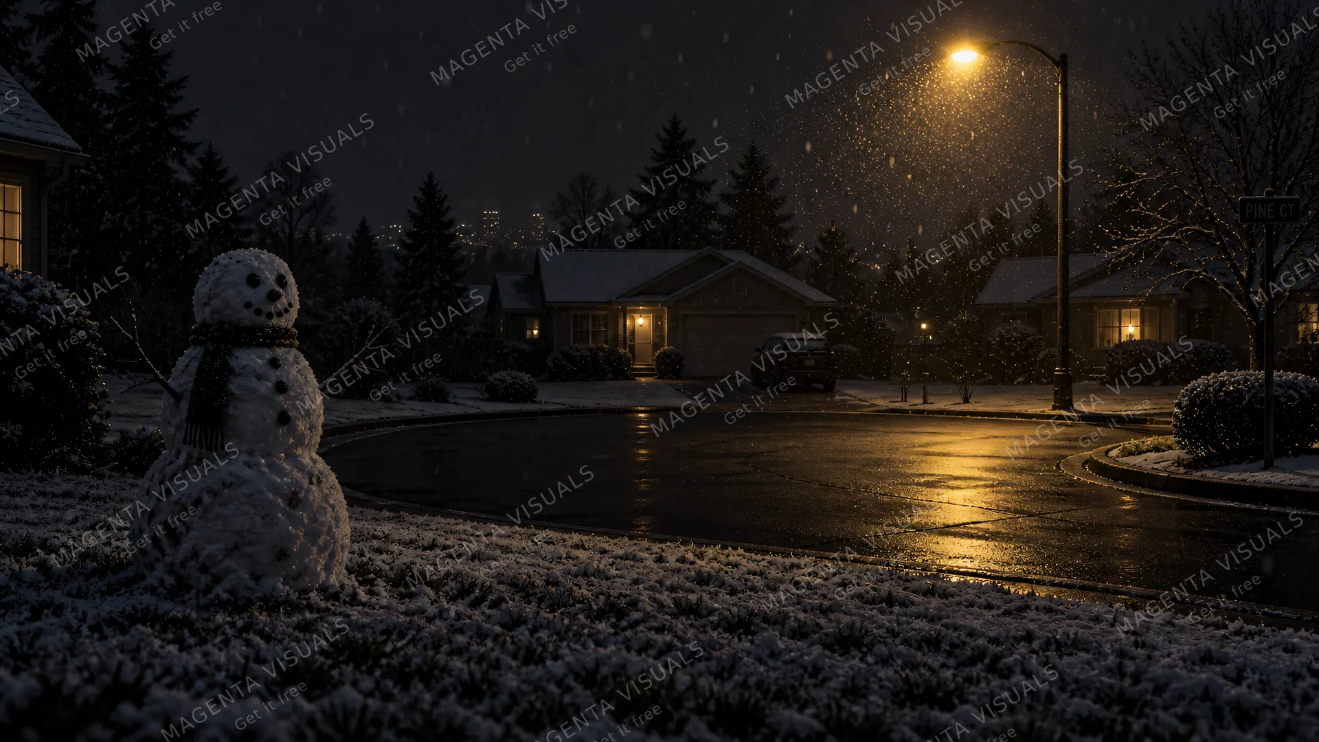 4K 16:9 widescreen atmospheric nocturnal wide shot on a silent suburban dead-end cul-de-sac under a humming yellow streetlight, a solitary rustic snowman built from coarse powdery sn…