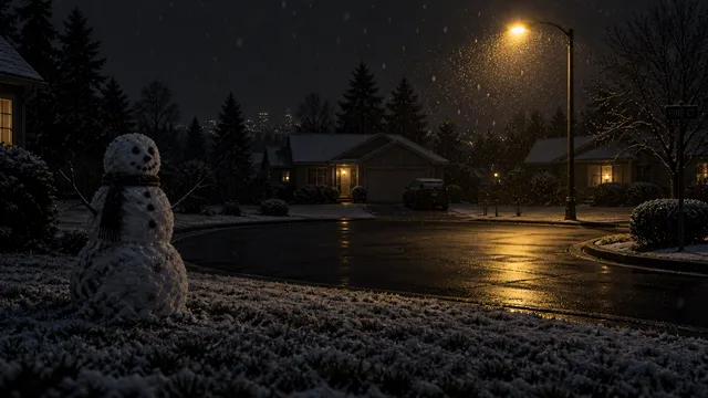 4K 16:9 widescreen atmospheric nocturnal wide shot on a silent suburban dead-end cul-de-sac under a humming yellow streetlight, a solitary rustic snowman built from coarse powdery sn…