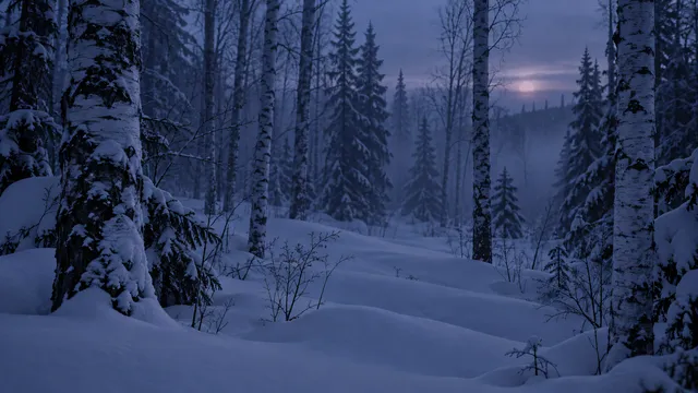 4K 16:9 cinematic telephoto composition slicing through a quiet, fog-drenched birch and spruce forest at twilight, stark white tree trunks rising from waist-deep undisturbed snowbank…