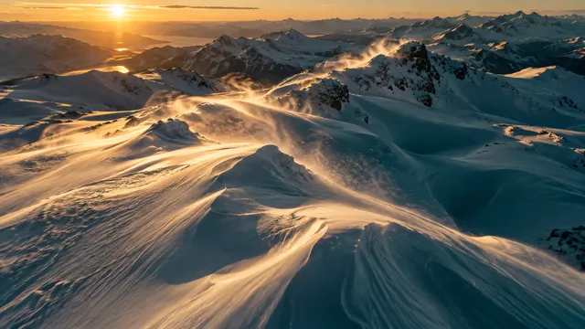 4K 16:9 aerial establishing cinematic drone shot skimming across endless wind-sculpted mountain snowdrifts at golden hour, low-raking sunlight catching crystalline dust plumes, deep…