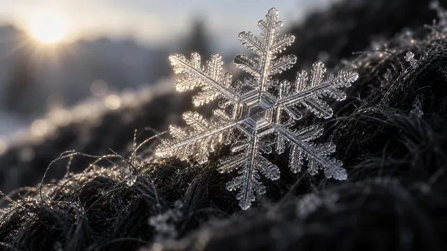 4K 16:9 widescreen extreme macro cinema shot with 100mm cine lens at shallow depth of field (f/2.8), a single pristine dendrite snowflake caught on dark raw wool fibers, backlit by s…