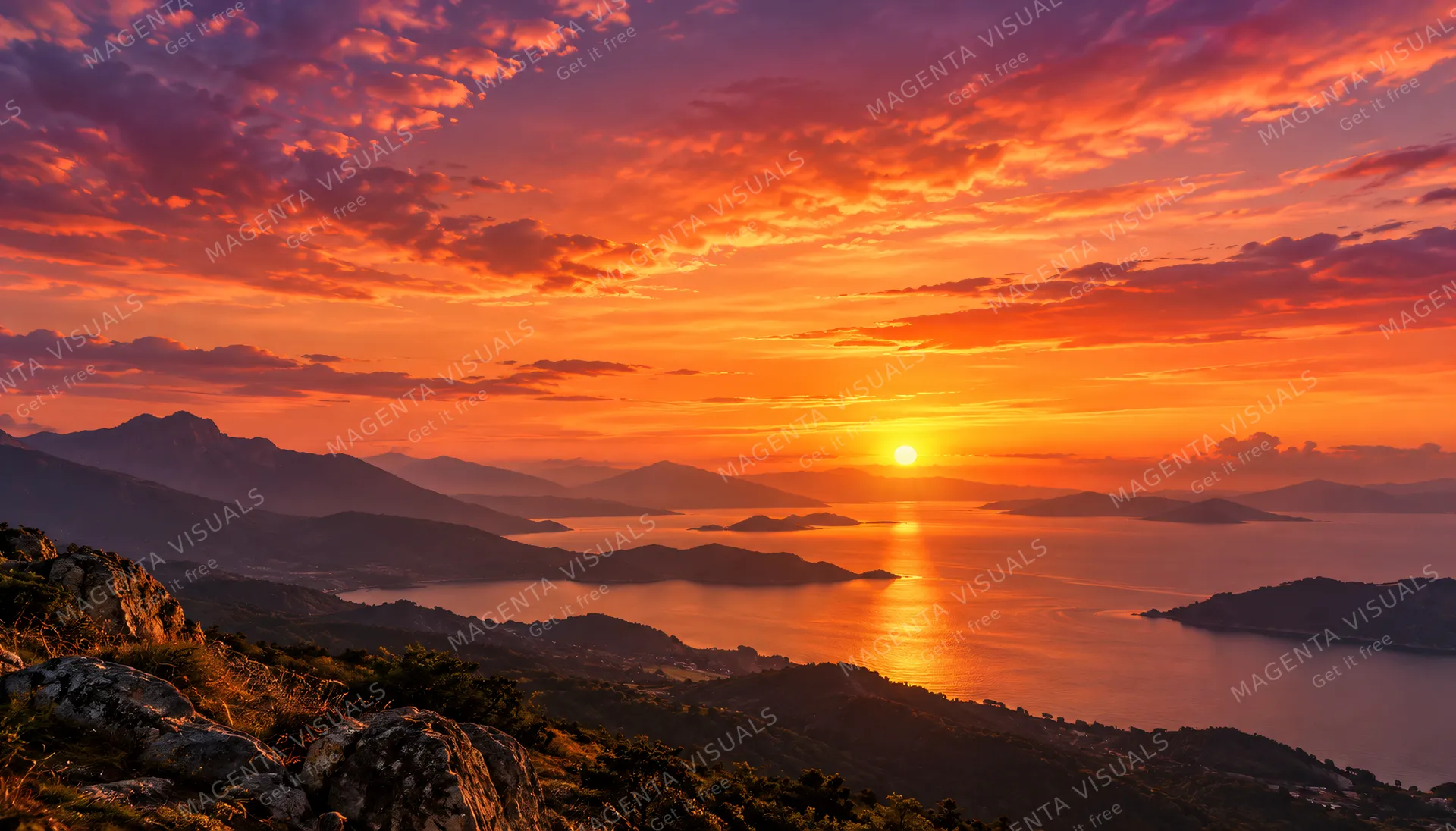 4K 16:9 widescreen background desktop wallpaper or UI backdrop featuring a stunning sunset over a golden hour horizon with warm amber, coral, and violet gradients stretching across w…