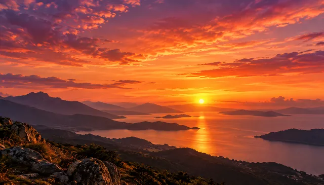 4K 16:9 widescreen background desktop wallpaper or UI backdrop featuring a stunning sunset over a golden hour horizon with warm amber, coral, and violet gradients stretching across w…