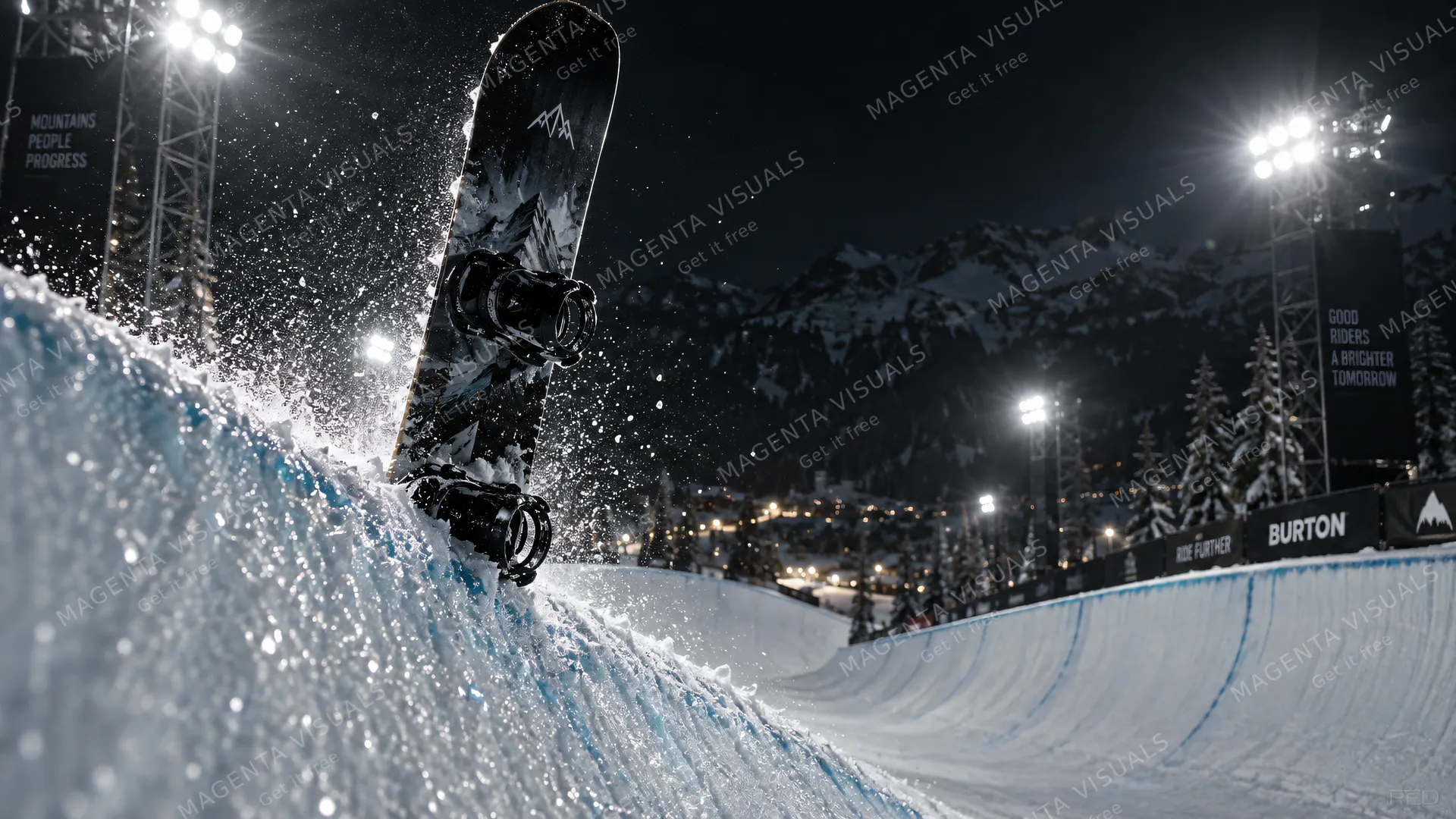 4K 16:9 widescreen action-still cinema shot at a mountain terrain park at night, intense halogen stadium floodlights backlighting a freestyle snowboard plunged upright into the icy l…