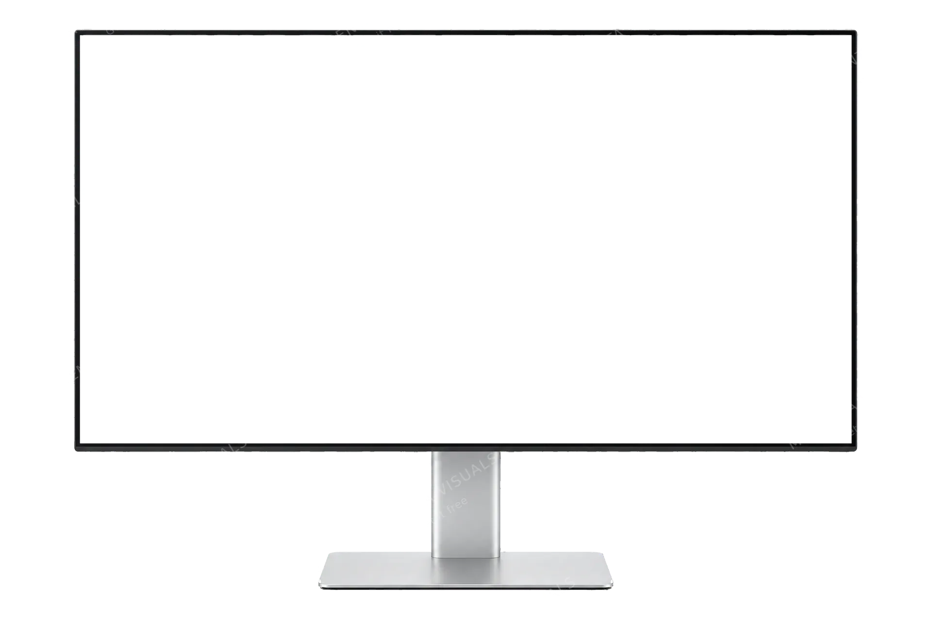 4K transparent cutout of product photography of a single high-resolution 4K computer monitor on aluminum stand, ultra-narrow bezels, blank white panel, isolated object, entire device visible, centered in…