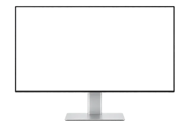 4K transparent cutout of product photography of a single high-resolution 4K computer monitor on aluminum stand, ultra-narrow bezels, blank white panel, isolated object, entire device visible, centered in…