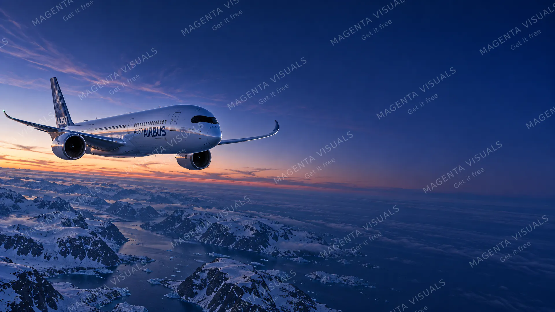 4K A 16:9 widescreen desktop wallpaper featuring an Airbus A350 positioned entirely on the left side of the frame, carving through the upper atmosphere in a twilight cruise high abov…