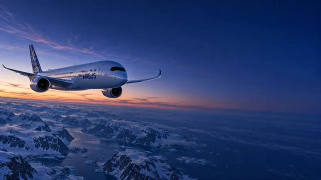 4K A 16:9 widescreen desktop wallpaper featuring an Airbus A350 positioned entirely on the left side of the frame, carving through the upper atmosphere in a twilight cruise high abov…