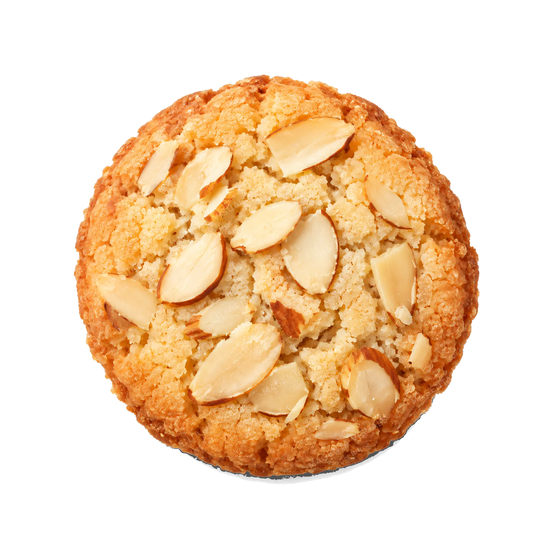 4K transparent cutout of product photography of a single almond cookie, topped with sliced almonds, golden brown edges, slightly cracked surface, isolated object, entire subject visible, centered in frame…